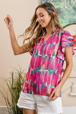 MULTI COLORED WOVEN RUFFLED SLEEVES V NECK TOP