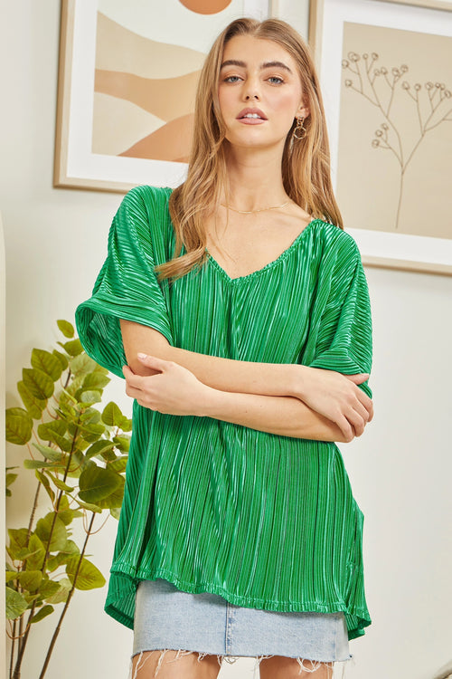 Oh So Classic Pleated Top- Emerald