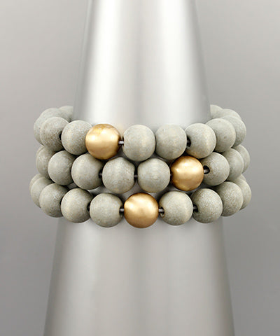 Wood & Metal Bead Stackable Bracelet Set Grey