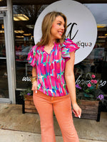 MULTI COLORED WOVEN RUFFLED SLEEVES V NECK TOP