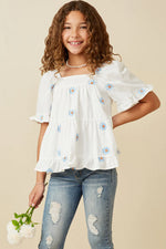 All Over Daisy Embroidered Square Neck Top - Blue