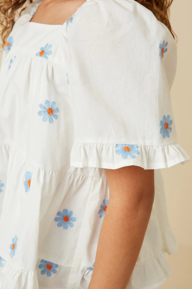 All Over Daisy Embroidered Square Neck Top - Blue