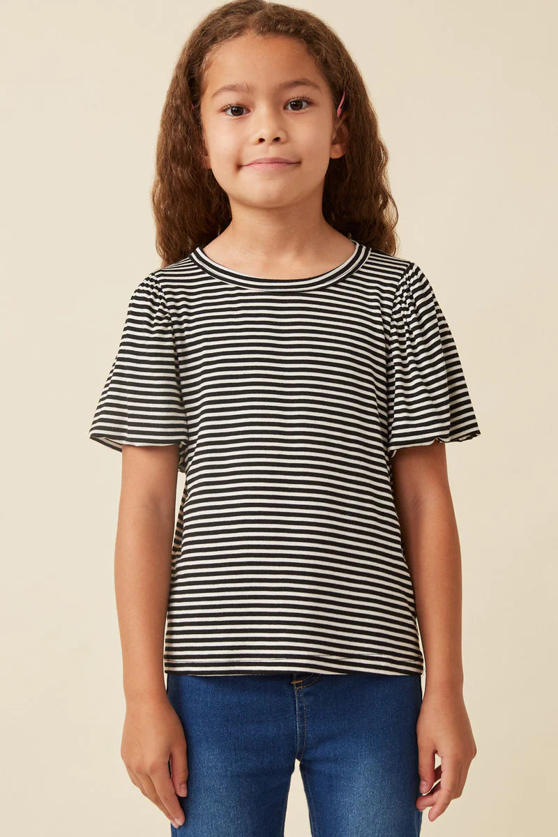 Black Striped Puff Sleeve Knit T Shirt