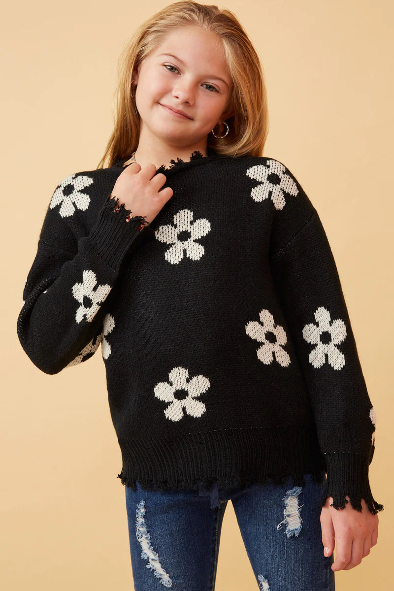 Distressed Floral Patterned Pullover Sweater - Black