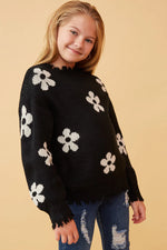 Distressed Floral Patterned Pullover Sweater - Black