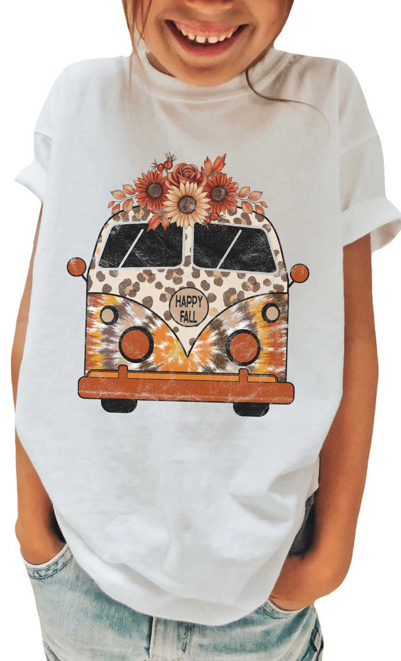 Leopard Floral Fall VW Bus Graphic Tee - Tween