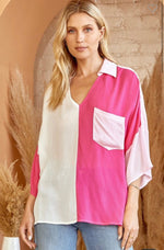 Medium-Hot Pink Colorblock Pocket Front Blouse