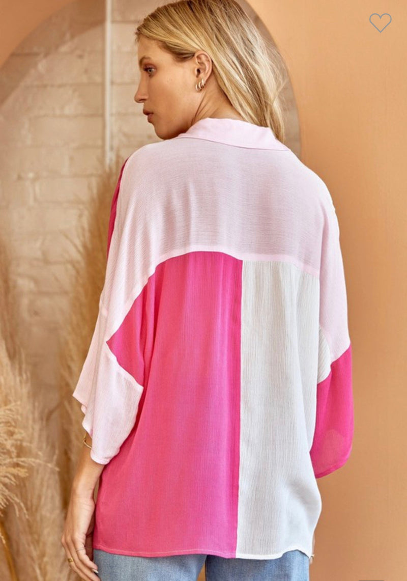 Medium-Hot Pink Colorblock Pocket Front Blouse