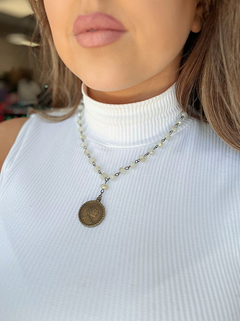 White Beaded Coin Necklace