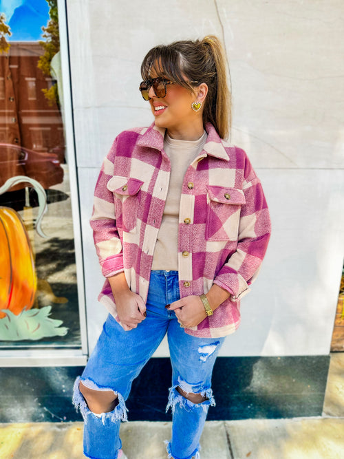 Fuzzy Plaid Jacket - Mauve