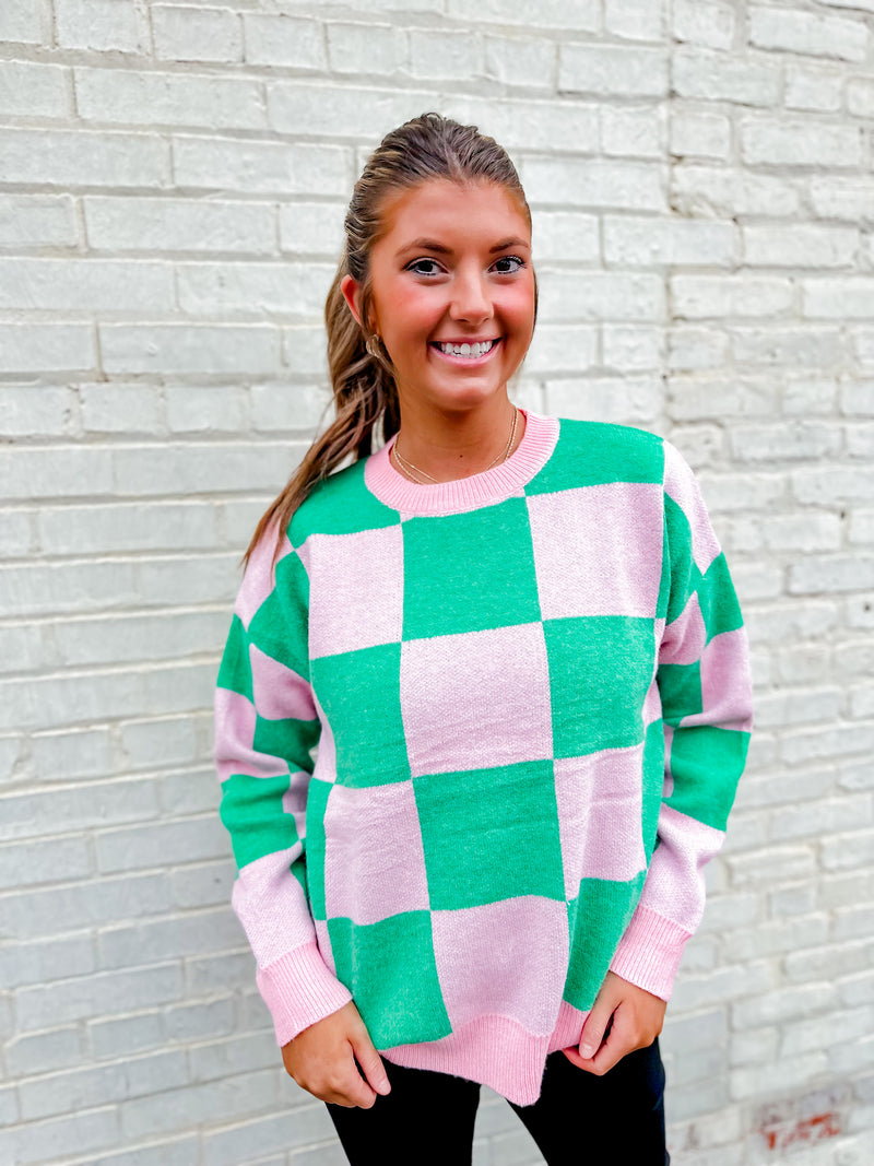 Pink/Green Checker Color Block Sweater