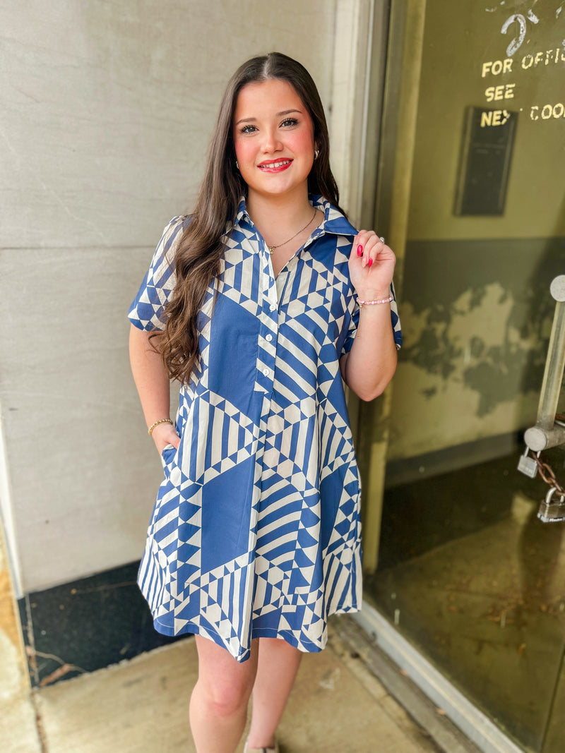 Medium-Denim Geometric Button Dress