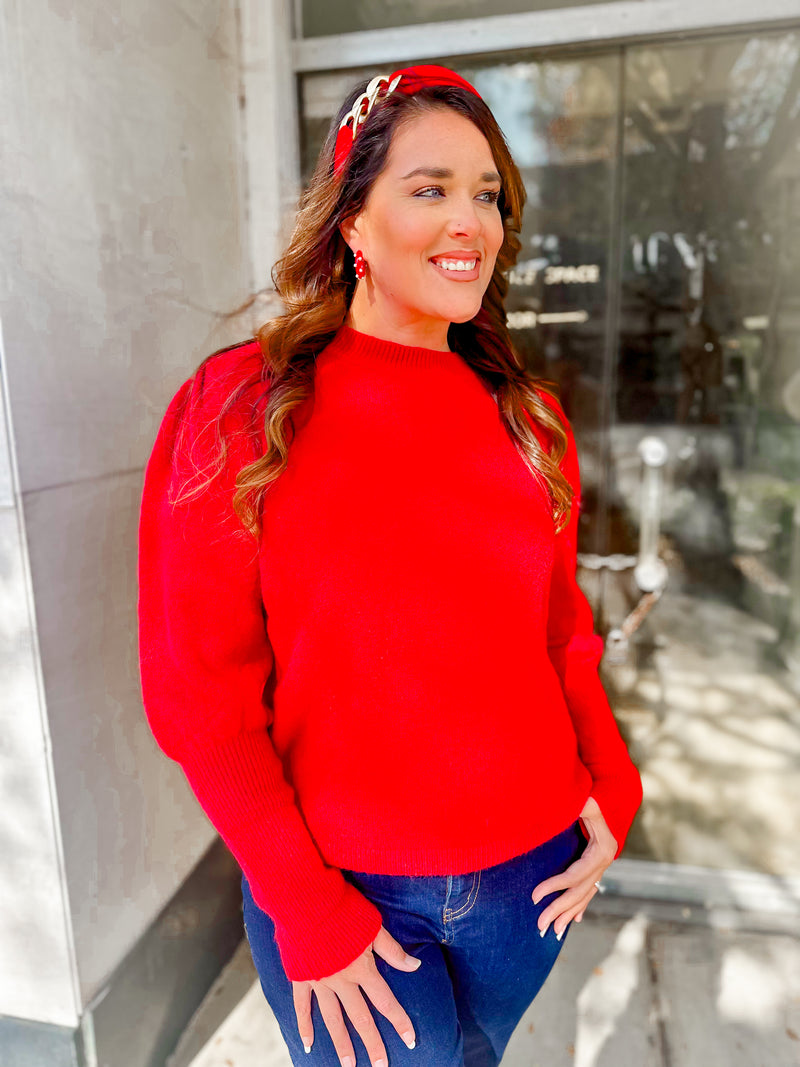 Puff Shoulder Solid Sweater- Red