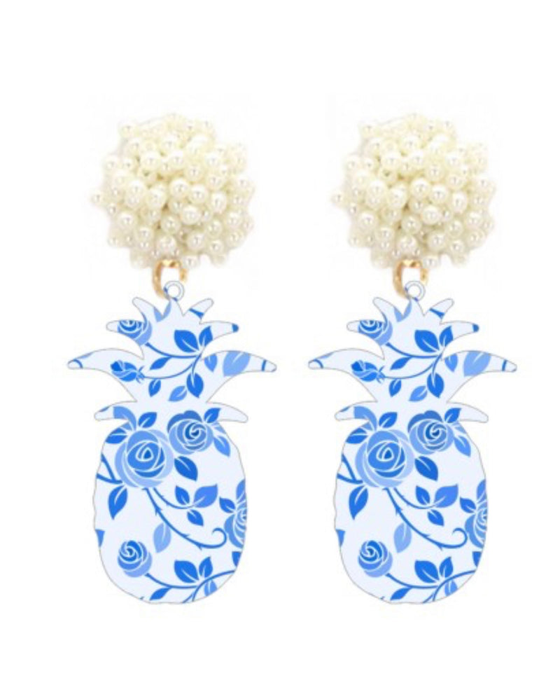 Blue Floral Pineapple Earrings