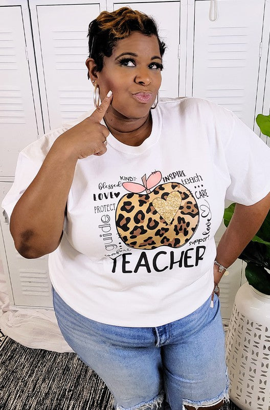 Leopard Glitter Apple Teacher T-Shirt