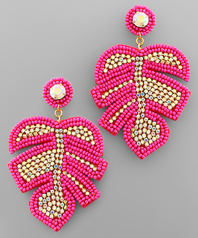 Fuchsia Siesta Leaf Bead & Crystal Earrings
