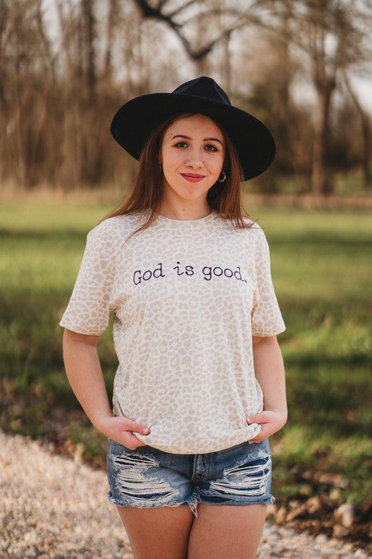 OE: God is Good Natural Leopard Graphic Tee