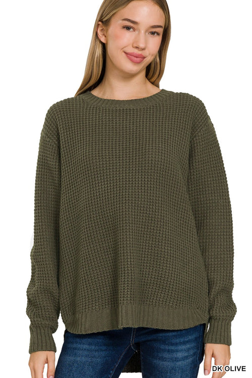 DEAL: LONG SLEEVE ROUND WAFFLE SWEATER - DK OLIVE
