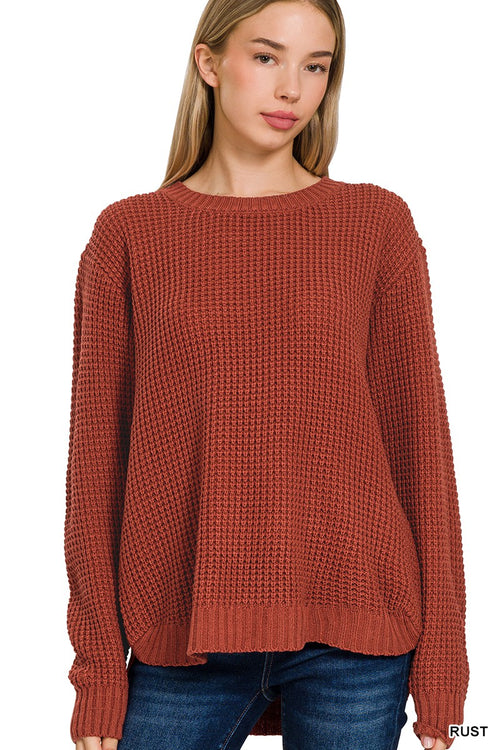 DEAL: LONG SLEEVE ROUND WAFFLE SWEATER - RUST