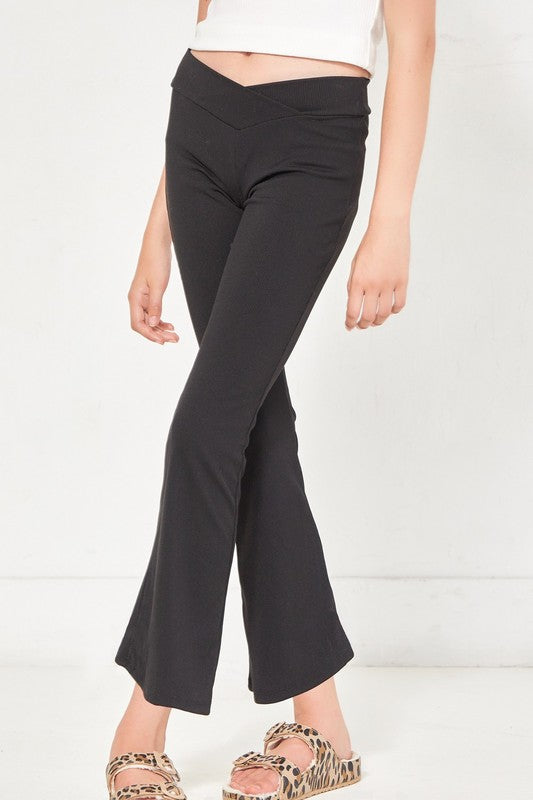 Crossover Waist Ribbed Flare Pants - Black