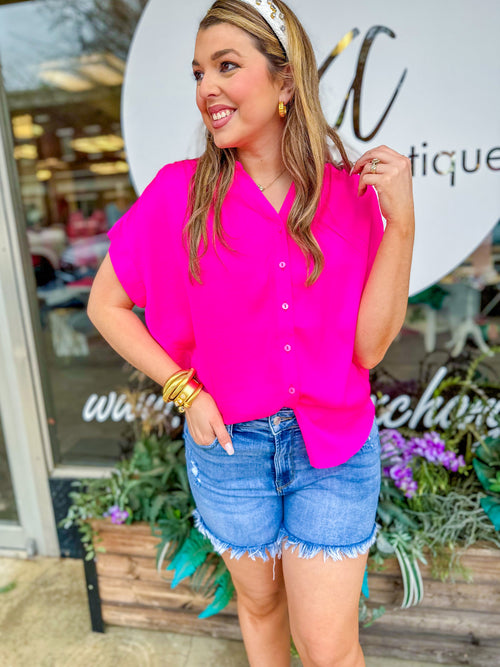 Silk Button Down Blouse in Hot Pink