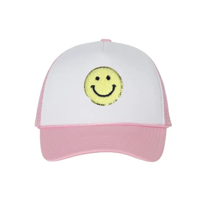 Varsity Spring Trucker Hat Chenille Smiley Face Patch