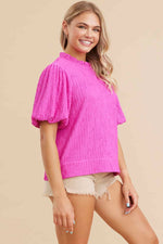 Textured Puffed Sleeves Top - Pink