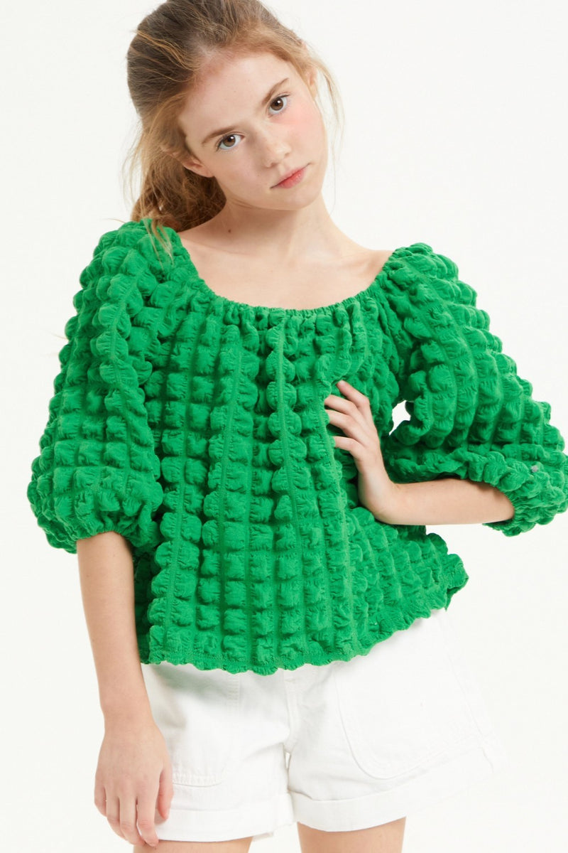 Embossed Bubble Texture Balloon Sleeve Top - Green