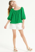 Embossed Bubble Texture Balloon Sleeve Top - Green