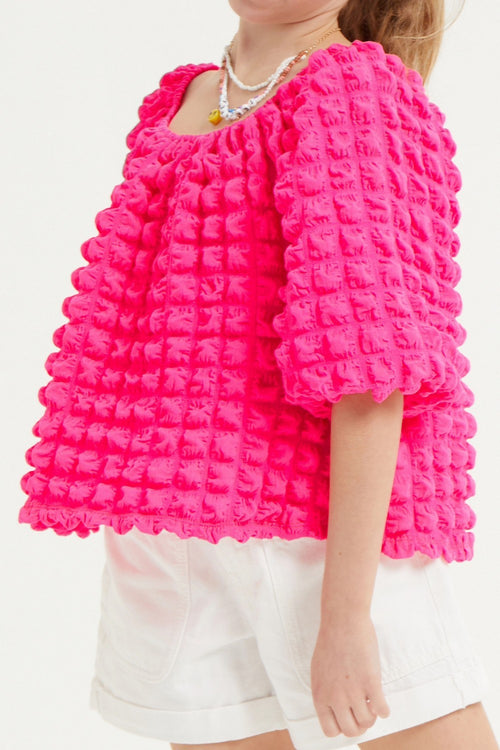Embossed Bubble Texture Balloon Sleeve Top - Hot Pink