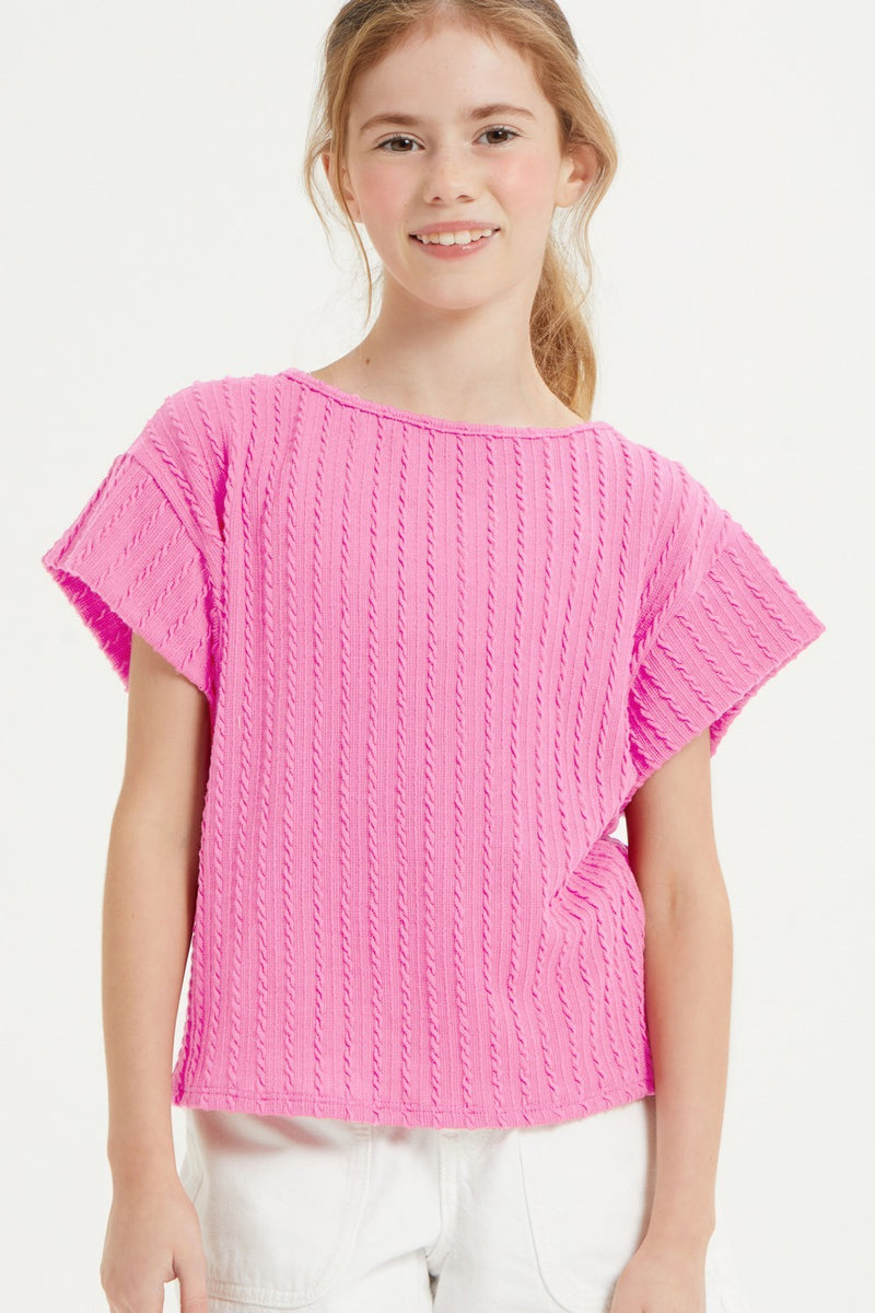 Embossed Ribbed Knit Cap Sleeve Top - Pink