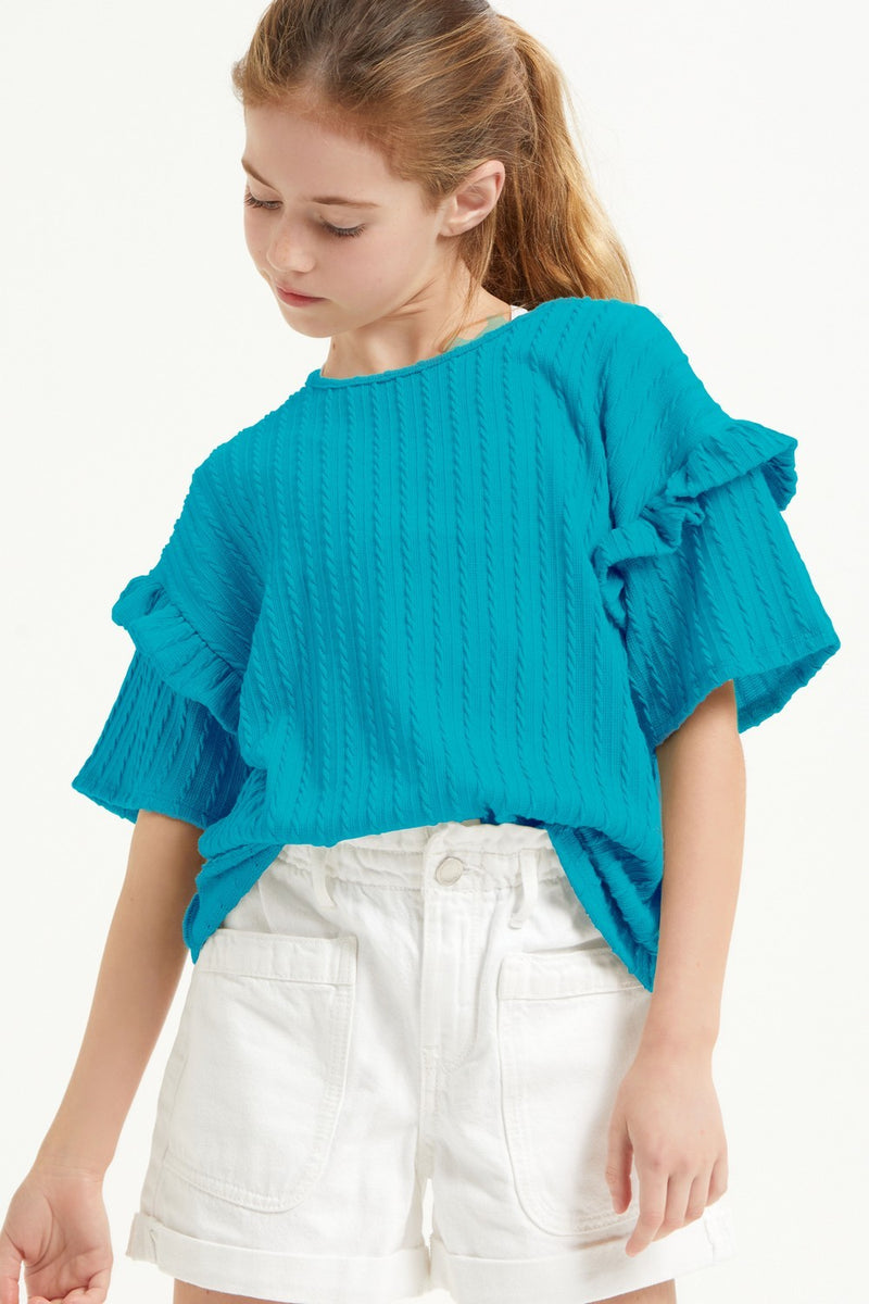 Embossed Ribbed Knit Ruffle Top - Teal