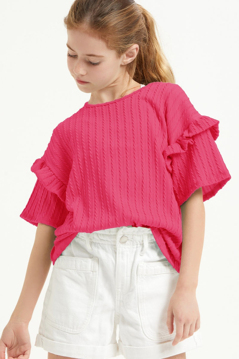 Embossed Ribbed Knit Ruffle Top - Hot Pink