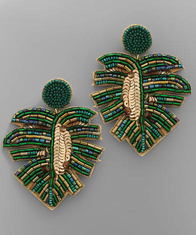 Beaded Leaf Earrings - Green