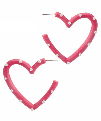 Pearl Coated Heart Hoops Red