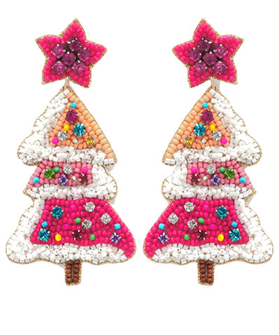 Crystal Ornament Xmas Tree Earring Pink