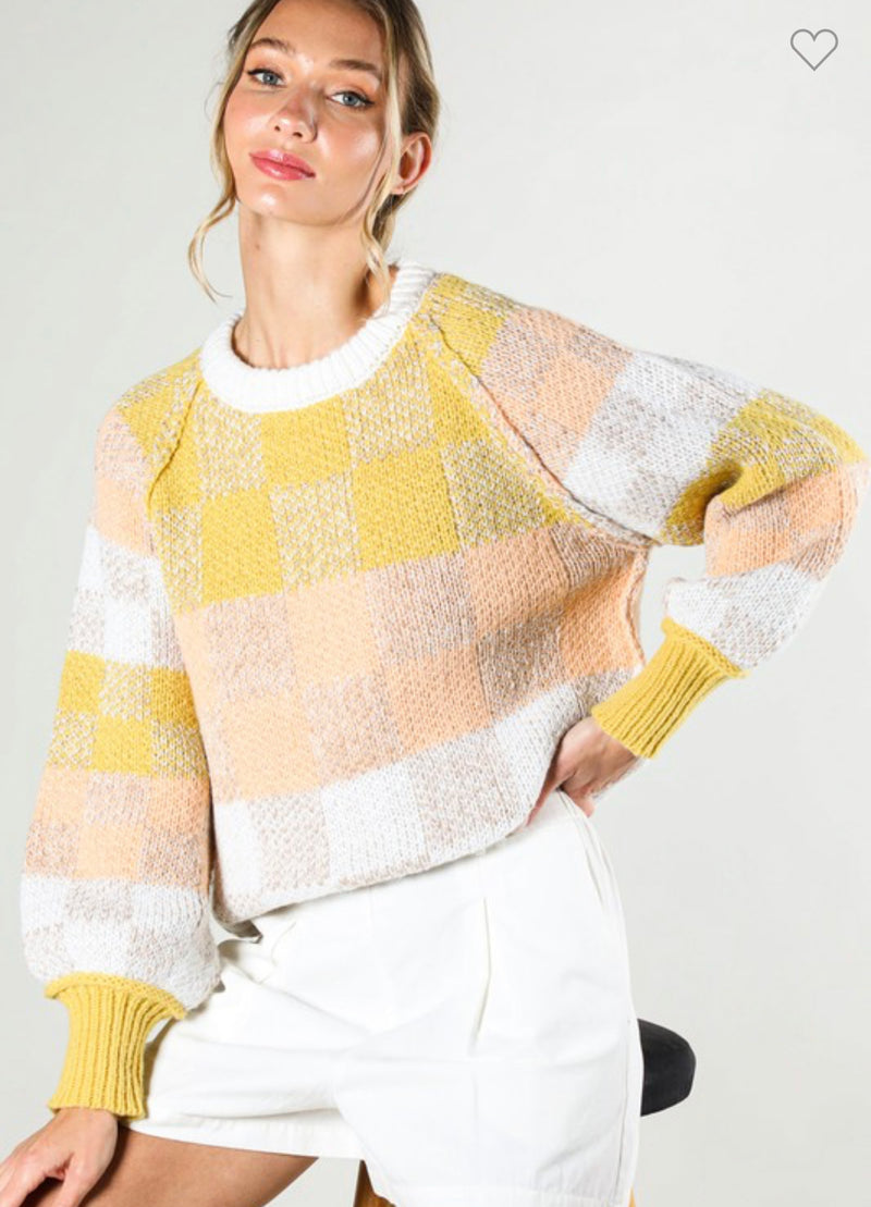 Checkered Mustard Color Block Sweater