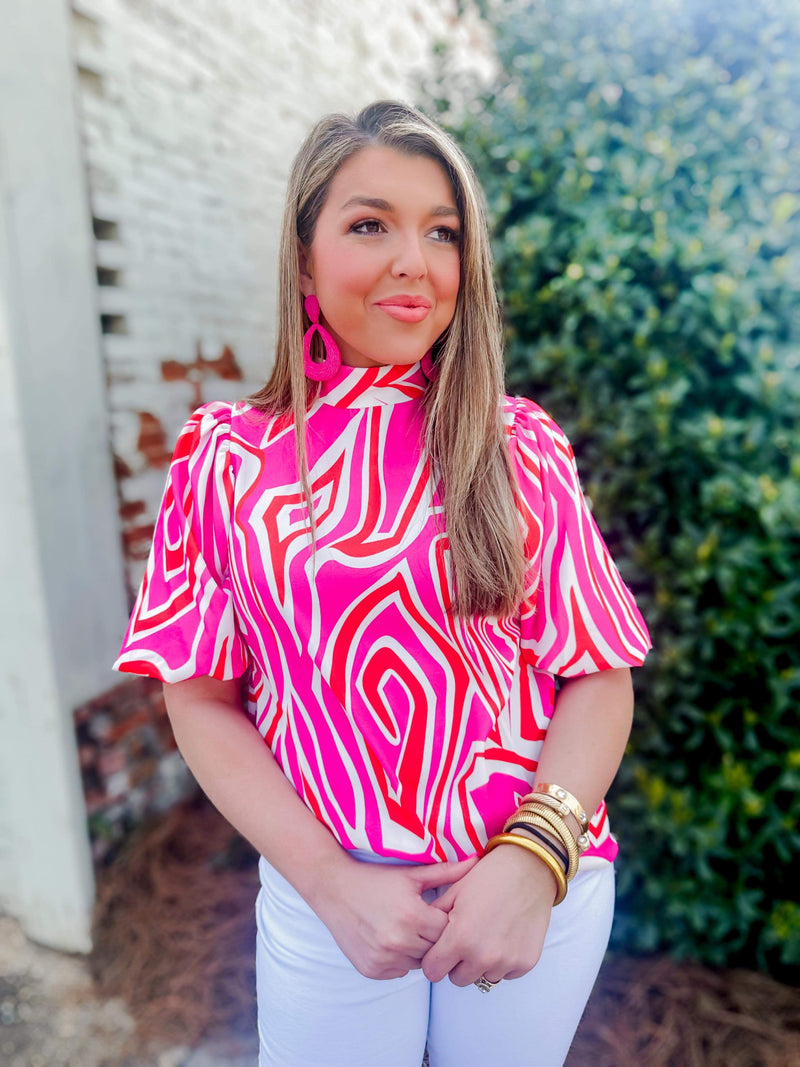PINK ABSTRACT PRINT PUFF SLEEVE BLOUSE
