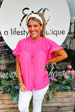 Large-Ruched Neckline Ruffle Sleeve Button Down - Pink