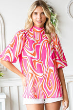 PINK ABSTRACT PRINT PUFF SLEEVE BLOUSE