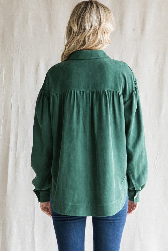 Collared Pocket Suede Top - Green