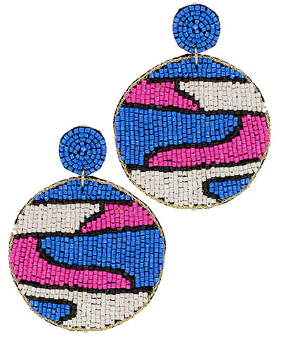 Bead Geometric Pattern Round Earrings Blue