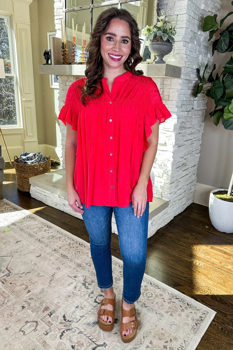 Small-Ruched Neckline Ruffle Sleeve Button Down - Red