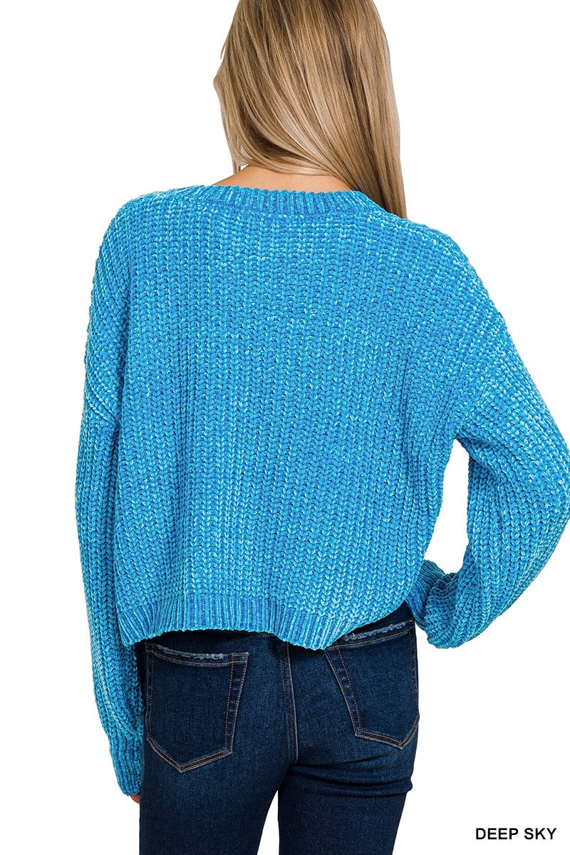 Chenille Round Crop Sweaters - Deep Sky