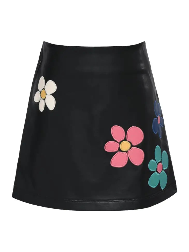 A-Line Skirt with Colorful Flowers (Faux Leather) - Hannah Banana