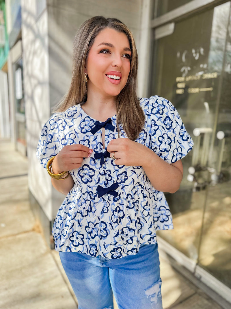 Floral Bow Peplum Top- Navy Blue
