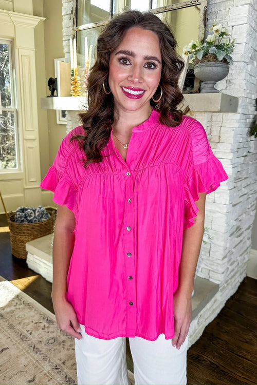 Large-Ruched Neckline Ruffle Sleeve Button Down - Pink