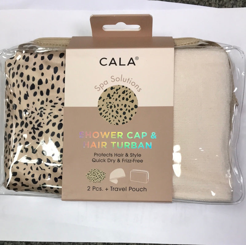 Cala spa solutions travel bag, shower cap, and hair turban leopard