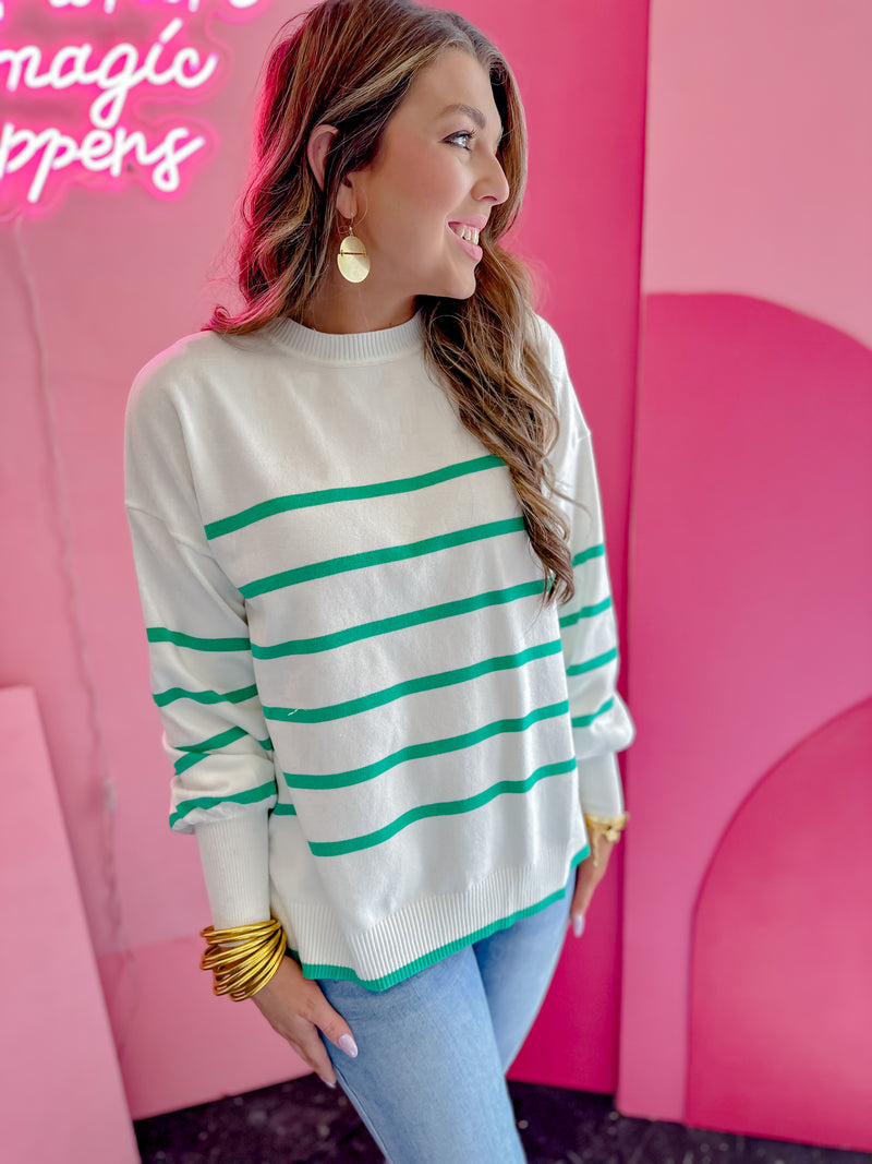 Stay Ahead Green Striped Sweater