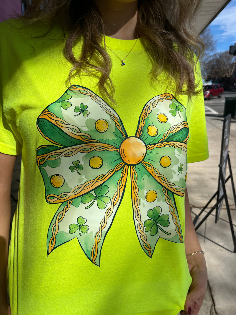 SAFETY YELLOW SHAMROCK BOW TEE